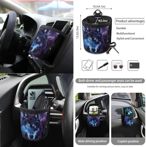 Wolf Galaxy Forest Print Car Seat Covers 15Pcs Full Set Car Steering Wheel Cover Seat Belt Cover Trash Bin Air Vent Storage Box Rear View Mirror Car Cup Holder Keychain