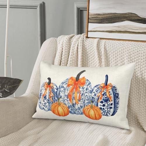 Fall Pillow Covers 12x20 Set of 2 Chinoiserie Blue and Orange Pumpkin Throw Pillows Autumn Thanksgiving Outdoor Fall Decoration Pillowcase Farmhouse Lumbar Cushion Case for Couch Home Decor - Image 6