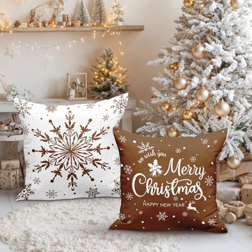 Lanpn Christmas Throw Pillow Covers 22x22 Set of 4, Merry Christmas Winter Xmas Snowflake Decorative Holiday Cushion Pillow Cases 22 x 22 for Outdoor Indoor Farmhouse Home Room Couch Decor (Brown) - Image 2