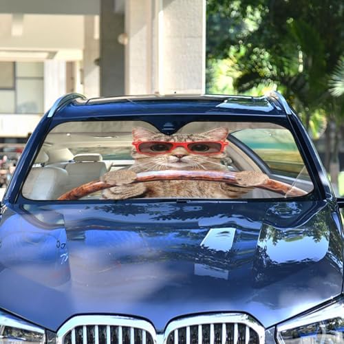Fun Cute Cat Driving Car Windshield Sun Shade Foldable UV Ray Sun Visor Protector Sunshade to Keep Your Vehicle Cool (57" x 31.5")