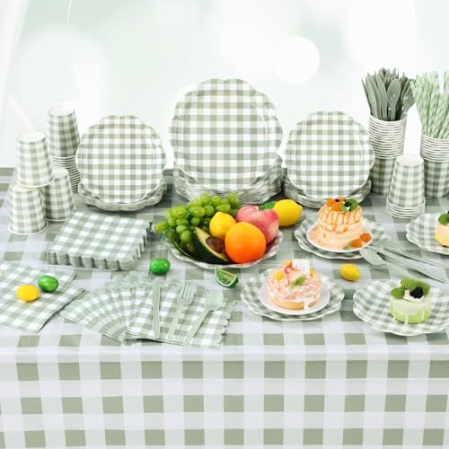 Funnymoom 452 Pcs Sage Green White Gingham Checkered Party Supplies for 50 - Image 6