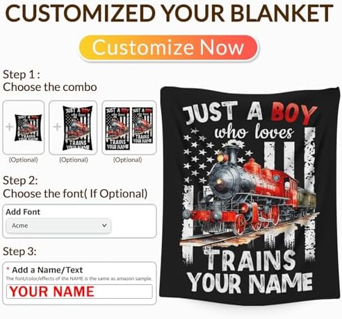 Personalized Train Blanket for Boys Men - Cute Throw Blanket Gifts for Kids Cars Lovers - Custom 60x80 Inches Black Soft Car Blankets for Sofa Couch - Trains Stuff Bedroom Decor - Image 3