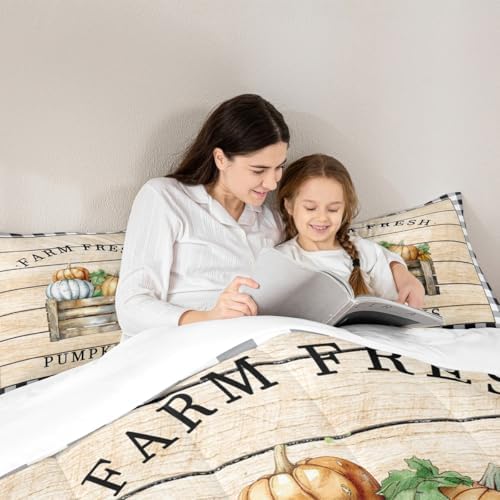 Homewish Rustic Farmhouse Barn Comforter Set Queen Size,Geometric Plaid Bedding for Boys Girls Room Decor,Fall Pumpkin Themed Quilted Duvet Set Halloween Style Duvet Insert 3pcs,2 Pillowcases - Image 6