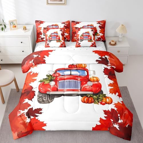 Autumn Harvest King Comforter Set,7 Pieces Soft Microfiber Red Maple Leaves Farmhouse Car Comforters with Fitted Sheet,Flat Sheet,Pillow Shams,and Pillowcases- Thanksgiving Pumpkin Bedding Sets by Erosebridal