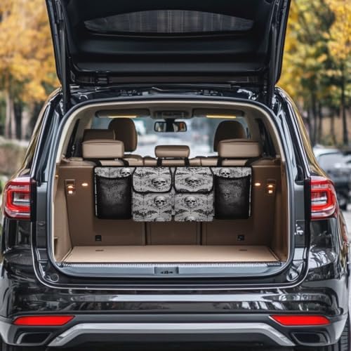 Hanging Car Trunk Organizer Halloween Skull Damask Bat Print Car Back Seat Storage Bag Auto Cargo Bag Collapsible Auto Interior Accessories for Sedans SUV Jeep Trucks MPV Van