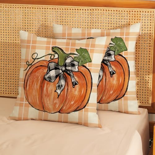 Fall Pillow Covers 20x20 Set of 2 Orange Pumpkin Leaf Buffalo Plaid Fall Decor Pillowcase Autumn Thanksgiving Decorative Outdoor Throw Pillow Covers Linen Farmhouse Cushion Case for Sofa Home - Image 2