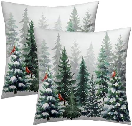 Winter Watercolor Snowflake Throw Pillow Covers 12X12 Inches Set of 2 Green Pine Tree Forest Red Bird Pillowcase Soft Cotton Square Cushion Covers for Home Sofa Bedroom Decoration - Image 2