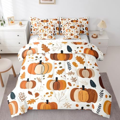 Erosebridal 7 Piece Fall Bed in A Bag for Kids,Cartoon Pumpkin King Bedding Set with Sheet Set Autumn Botanical Maple Leaves Comforter Set Thanksgiving Day Harvest Bed Set Room Decor by Erosebridal