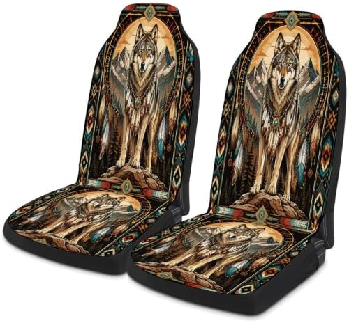Moonlit Wolf Pattern Car Seat Covers, Trendy Universal Car Seat Protector Full Set, Automotive Seat Covers For Front Seats Rear Seat Back Seat Gift (Western Native Aztec Wolf, 2PC Front Seat Set)