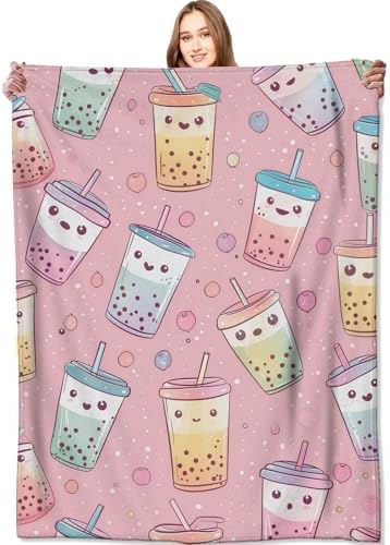Cute Bubble Tea Blanket Colorful Bobas Drink Pink Throw Blankets,Birthday Gifts for Kids Girls Women,Lightweight Soft Fleece,Food Lovers,Sofa Couch Bed Room Decor 50x60in by VODRM