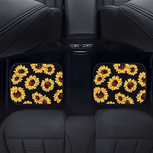 Sunflower Car Floor Mats Set of 4, Cute Yellow Flowers on Black Background Floral Vehicle Front Rear Carpets Mats, Universal Floor Rugs, Non-Slip Auto Accessories for SUV, Van, Truck