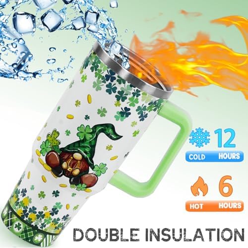 St Patricks Day Tumbler with Handle 40 oz Lucky Gnomes Shamrock Coffee Travel Mug Stainless Steel Insulated Cup Irish Saint Patricks Decor Gifts - Image 2