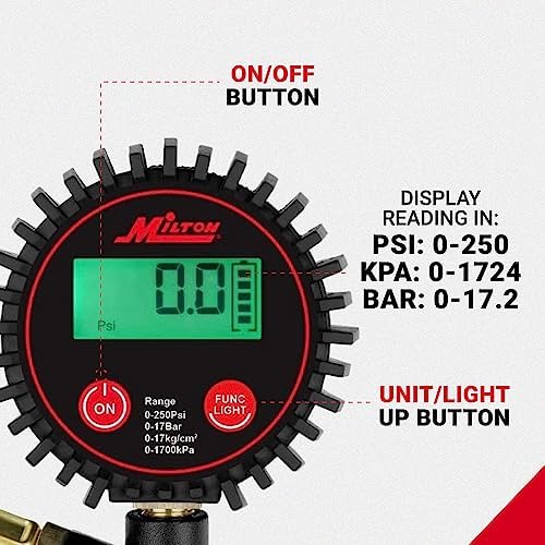 Milton 507KIT Digital Tire Inflator Car Accessories w/Accurate Air Tire Pressure Gauge, 14” Rubber Air Hose – 250 PSI, Brass Lock-On Clip Air Chuck and Compressor Accessories