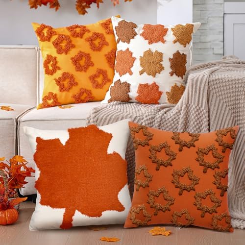 HunnmingRe 4 Pcs Thanksgiving Pillow Covers 18 x 18 Inch Maple Leaf Throw Pillow Covers Square Linen Pillowcase Fall Decor Seasonal Autumn Thanksgiving Harvest Decoration for Home Sofa Couch - Image 2
