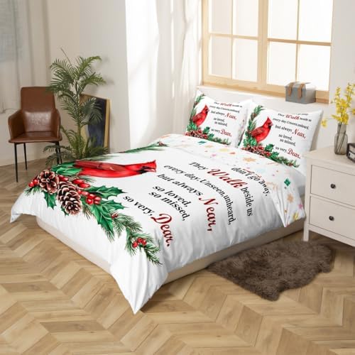 Manfei Red Cardinal Kids Bedding Set King Size,Christmas Birds Holly Pinecones Duvet Cover Set，Berries Poinsettia Rustic Animal Room Decor,White Red Green Quilt Cover,2 Pillowcases(No Comforter) - Image 5