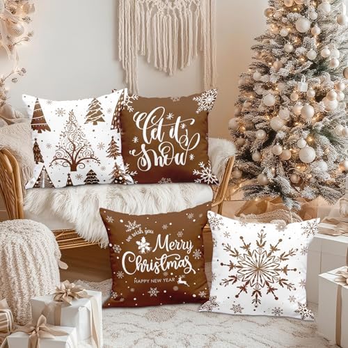 Lanpn Christmas Throw Pillow Covers 18x18 Set of 4, Merry Christmas Winter Xmas Snowflake Decorative Holiday Cushion Pillow Cases 18 x 18 for Outdoor Indoor Farmhouse Home Room Couch Decor (Brown) - Image 5
