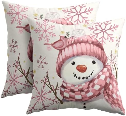 Christmas Pink Throw Pillow Covers 20x20 Set of 2 Winter Snowman Bird - Image 2