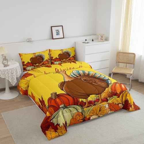 Erosebridal Fall Pumpkin Comforter Set For Kids Boys Girls Thanksgiving Turkey Bedding Twin Size Autumn Harvest Botanical Leaves Down Orange Cartoon Chick Animal Quilted Duvet Farmhouse Room Decor - Image 6