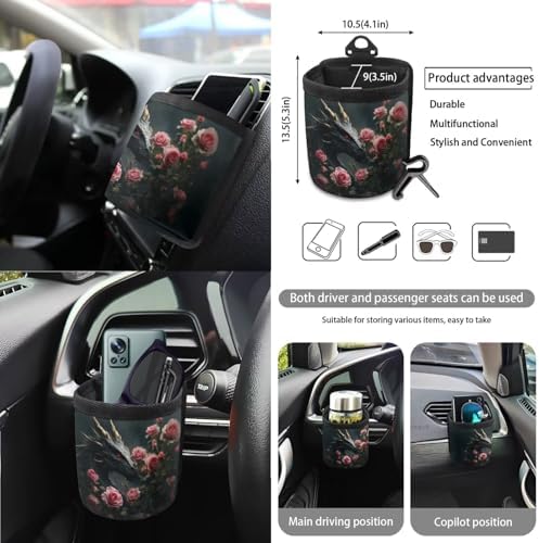 Cool Dragon Roses Print 15Pcs Car Seat Cover Full Set Car Steering Wheel Cover Seat Belt Cover Trash Bin Air Vent Storage Box Front Rear View Mirror Car Cup Holder Keychain