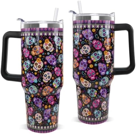 Halloween Day of the Dead Tumbler with Handle 40oz Sugar skull Coffee Travel Mug Stainless Steel Insulated Cups Halloween Dia De Los Muertos Altar Decor Gifts by Unknown