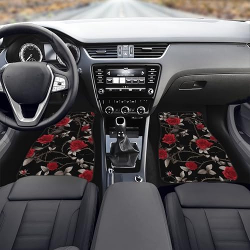 Rose Car 4 Piece Floor Mat Set, Gothic Thron Rose Universal Fit Protection Heavy Duty Heel Pad Car Mats, Dark Garden Car Floor Front and Rear 2 Rows Set