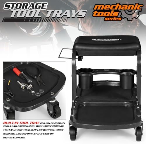 M-AUTO Garage Roller Seat Heavy Duty Rolling Shop Mechanic Creeper/Shop Stool with Tool Tray and Equipment Rack, 300LBS Capacity Creeper Seat with 5 Rollers for Detailing Car, Red - Image 4