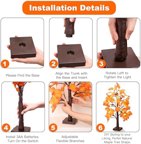 2 Packs 24 Inch Lighted Maple Tree Fall Thanksgiving Decorations with 48 LEDs Timer Battery Operated 3D Acorn Maple Lampshade Artificial Autumn Tree Lights for Thanksgiving Table Decor Home Indoor - Image 4