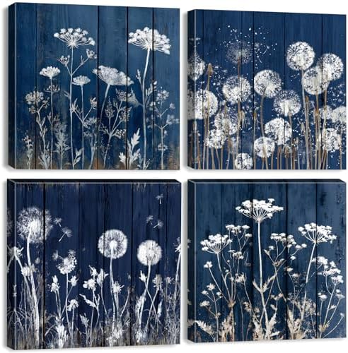 Farmhouse Dandelion Wall Art White Wildflower Canvas Picture for Bathroom Vintage Navy Blue Botanical Flower Painting Contemporary Still Life Plant Wall Decor Office Kitchen Home Decorations 20x20" 4P by sunfrower