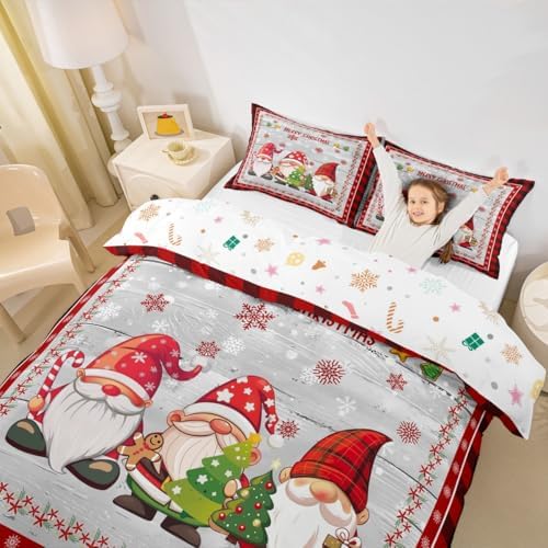 Merry Christmas Kids Duvet Cover Set Queen Size,Cute Gnomes Snowflake Romantic Bedding Set,Girls Boys Adults Room/Cabin Decor,Geometric Grids Retro Comforter Cover,Rustic Quilt Cover,2 Pillowcases - Image 6