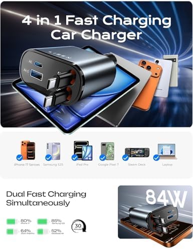 LISEN Retractable Car Charger, Dual USB C Retractable Cable Fast Car Adapter [84W Total] Travel Essential Car Accessories for Men Women, for iPhone 17 16 15 Pro Max, Samsung S26 S25 S24, Pixel, iPad