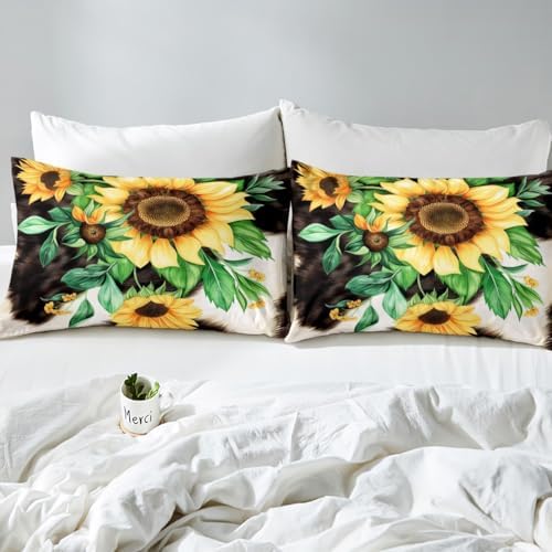 Erosebridal Sunflower Decor Bedding Comforter Sets Cowhide Bedding King Size Cow Print Comforter Set for Toddler, Sunflower Gifts for Women Bedding Farmhouse Fall Decor Down Comforter for Youth Teens - Image 6
