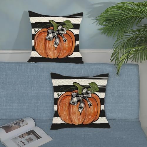 Fall Pillow Covers 24x24 Set of 2 Pumpkin Maple Leaves and Stripes Fall Decor Pillowcase Linen Autumn Thanksgiving Decorative Outdoor Throw Pillow Covers Farmhouse Cushion Case for Couch Home - Image 3