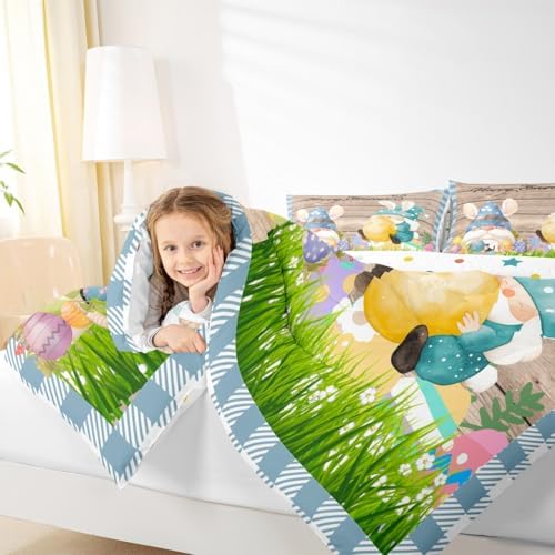 Happy Easter Bedding Set Full Size Cute Rabbit Gnomes Comforter Set 3pcs for Kids Girls Boys Bedroom Blue Grid Watercolor Quilt Set Rustic Farmhouse Brown Wooden Duvet Insert,2 Pillowcases - Image 3