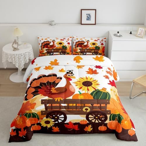 Feelyou Fall Bedding Set for Girls Boys Kids King Size Maple Leaves Pumpkin Comforter Cover Room Decor Turkey Thanksgiving Daisy Duvet Cover White Orange Quilt Set by Feelyou