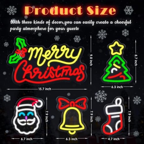 5 Pcs Christmas Neon Sign Merry Christmas Santa Claus Bells Xmas Tree LED Lights Winter Neon Lights USB Window Wall Bar Living Room Decor for Winter Xmas Party Holiday Night Bedroom Gifts - Image 2