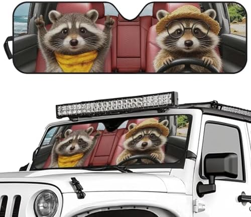 Renewold Car Windshield Sunshade for Jeep Gladiator JT Summer Front Window Sun Shade Sun Visor Shield for Jeep Wrangler JK JKU JL JLU 1997-2023 Foldable Cover Interior Keep Cool Cute Raccoon Driving