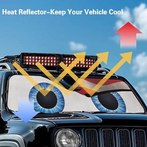 Renewold Funny Eyes Car Windshield Sunshade Car Front Window Sun Shade for Jeep Wrangler JK JKU JL JLU 1997-2023 2 & 4 Door Jeep Gladiator Auto Sun Visor Shield Decor Cover Keep Cool American Flag