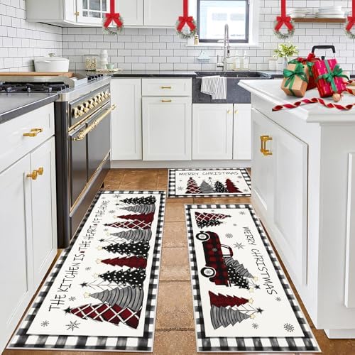 U'Artlines Christmas Kitchen Rugs and Mats Set of 3, Non Skid Tree Car Rug - Image 6