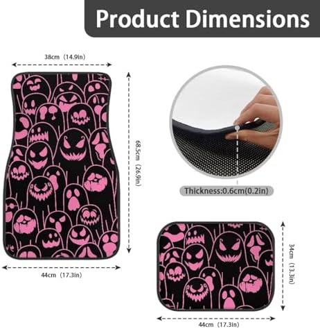 Pink Black Ghost Print Funny Halloween Car Floor Mats 4 PCS, Cute Durable Interior Accessories for Car SUV, All Weather Floor Mats with Front Rear Trunk Liners Set for Party
