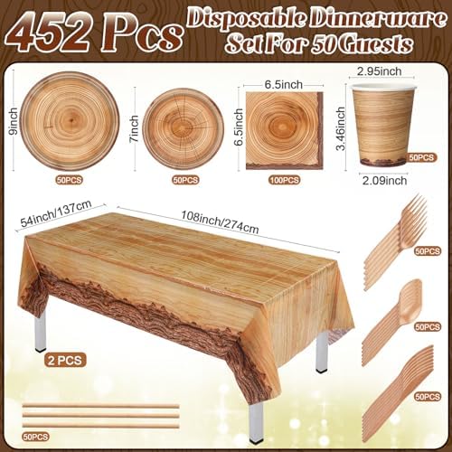 Funnymoom 452 Pcs Camping Wood Grain Party Decorations Rustic Wood Disposable Paper Plates Napkins Cups Tablecloth Cutlery Straws for Forest Themed Party Decorations Hunting Birthday Supplies - Image 2