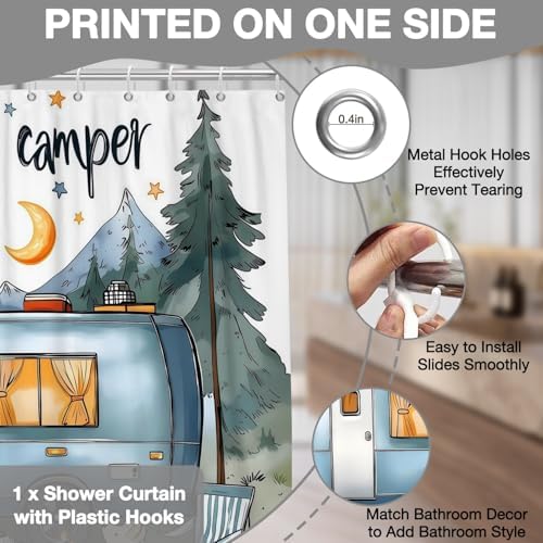 Small Stall Shower Curtain for RV 36x72 Inch, Half Narrow Happy Camper Shower Curtain RV Summer Camping Campfire Scene Forest Mountain Tent Bathroom Curtains Decor Waterproof with 6 Hooks - Image 5