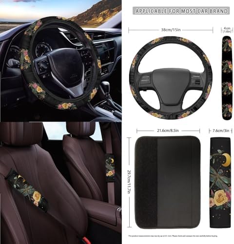 Dragonfly Roses Floral Moon Print Car Seat Cover Sets Steering Wheel & Seat Belt Cover Trash Bin Air Vent Storage Box Front Rear View Mirror Cup Holder Keychain 15Pcs Car Accessories