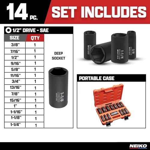 Neiko 02476A 1/2" Impact Socket Set, 14 Piece 6 Point Impact Set, Standard Impact Socket Set, SAE Sizes (3/8-Inch to 1-1/4") Cr-V Steel, Deep Socket Set 1/2 Drive, - Image 6