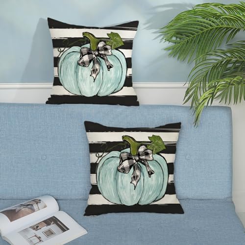 Fall Pillow Covers 18x18 Inch Pack of 2 Teal Blue Pumpkin Leaf Stripes Fall Decor Pillowcase Autumn Thanksgiving Decorative Outdoor Throw Pillow Covers Linen Farmhouse Cushion Case for Sofa Home - Image 3
