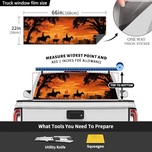 Watercolor Cowboy Truck Back Window Graphics Decals, Horse Abstract Sunset Landscape Universal See Through Rear Window Vinyl Wrap Full Window Decals for Trucks SUV 66 x 22 inch