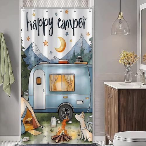 Small Stall Shower Curtain for RV 36x72 Inch, Half Narrow Happy Camper Shower Curtain RV Summer Camping Campfire Scene Forest Mountain Tent Bathroom Curtains Decor Waterproof with 6 Hooks - Image 3