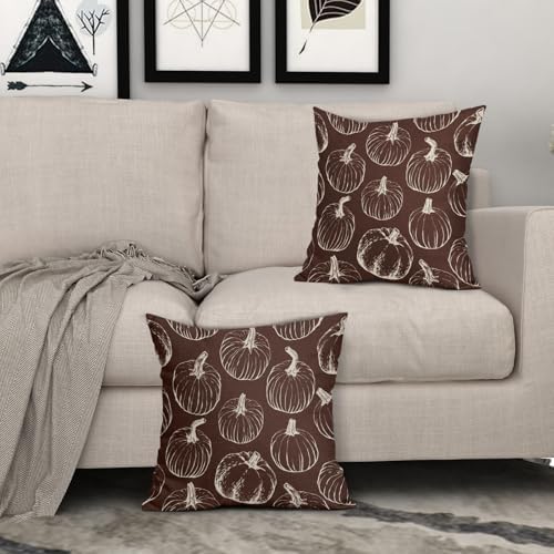 Fall Pumpkin Pillow Covers 18x18 Set of 2 Dark Brown Autumn Thanksgiving Harvest Print Decorative Throw Pillows Seasonal Themed Outdoor Pillowcase Farmhouse Cushion Case Decor for Home Sofa Couch Bed - Image 3