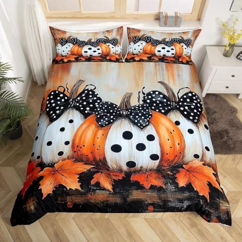 Kids Fall Pumpkin Harvest Bedding Set, Thanksgiving Day Comforter Cover Full Maple Autumn Leaves Duvet Cover For Teens Adult, Country Barn Door Quilt Cover Rustic Farmhouse Decor, 2 Pillow Cases - Image 4