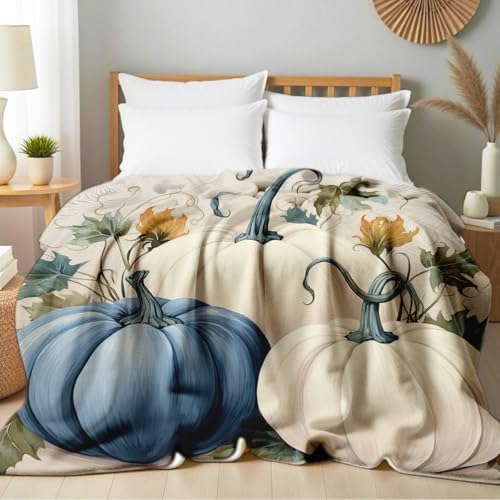Fall Blankets and Throws White Pumpkin Print Blanket for Couch Bed Room Home Autumn Harvest Flannel Throw Thanksgiving Decor Gifts (49"x59") - Image 2