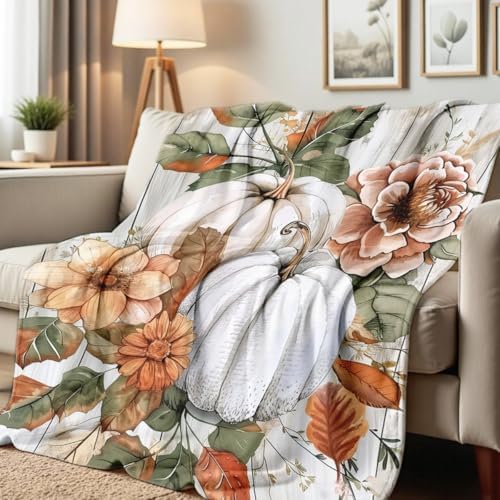 Fall Blankets and Throws White Pumpkin Print Blanket for Couch Bed Room Home Autumn Harvest Flannel Throw Thanksgiving Decor Gifts (49"x59") by Hunxiaoj